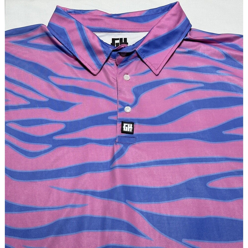Greater Half Golf Polo Pink Blue Zebra Stripe Short Sleeve Funky GH Mens XXL 2XL